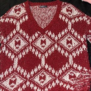 SHEIN Burgundy and White V-Neck Sweater